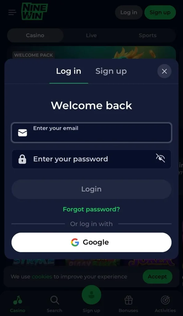 Login screen on ninewin