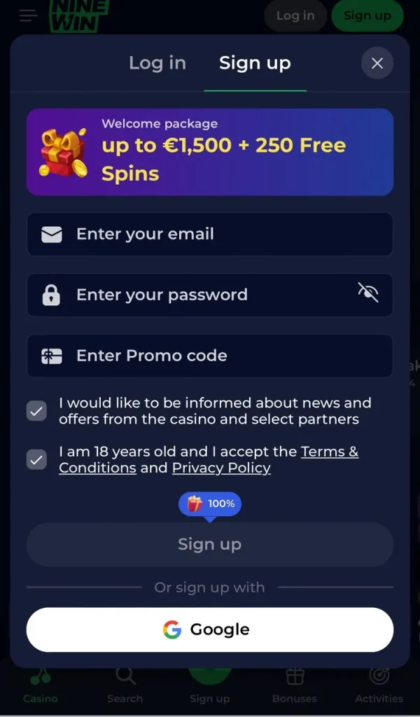 sign up screen